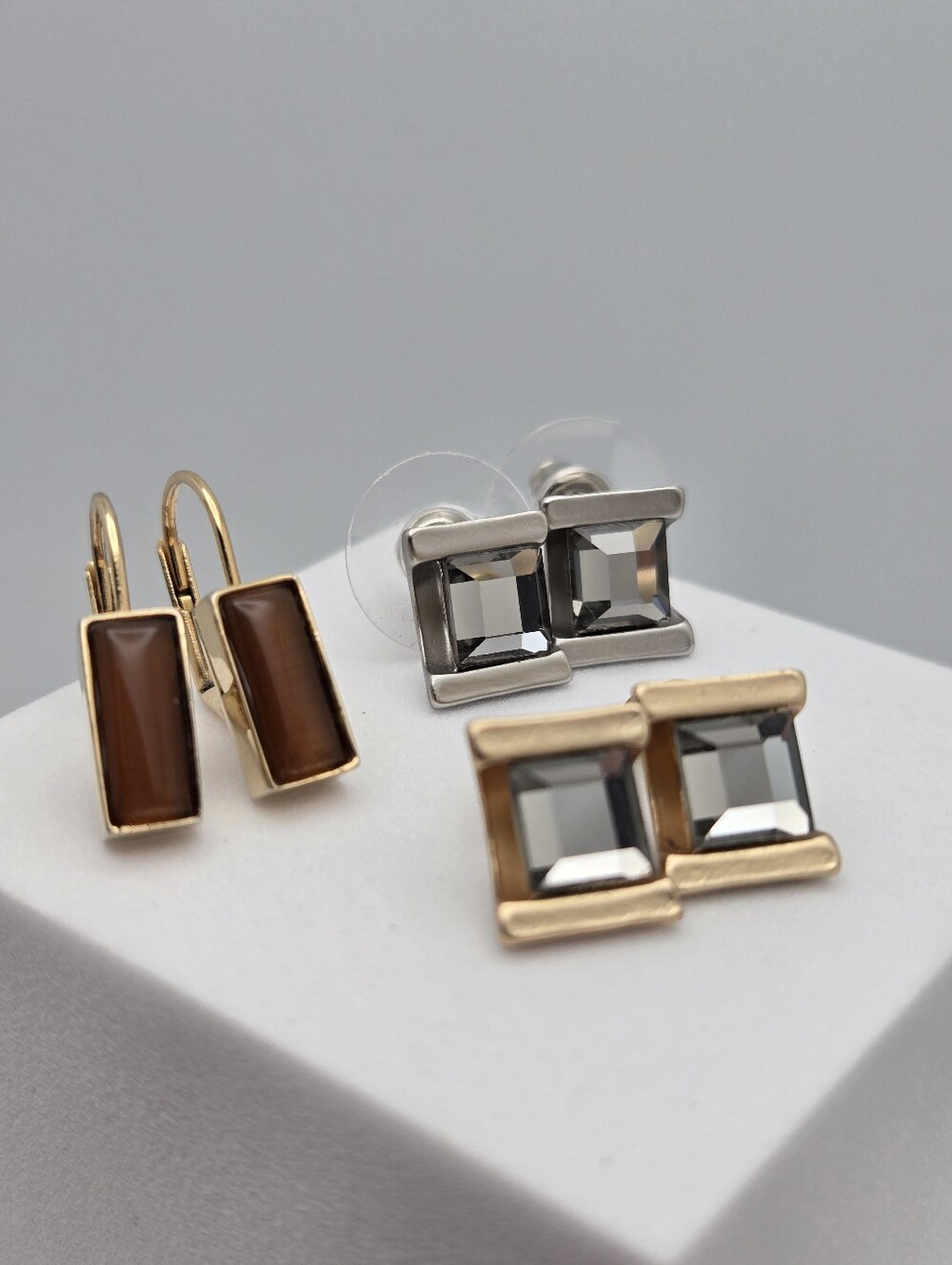 3 Pair Geometric Earring Set Tiger Eye Smoky Crystal Gold Silver New